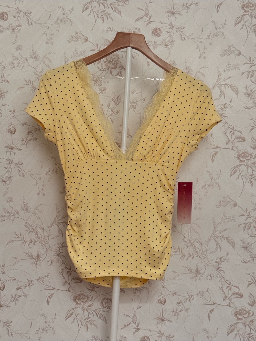 Yellow Polka Dot V-Neck Lace-Trim Women's Blouse